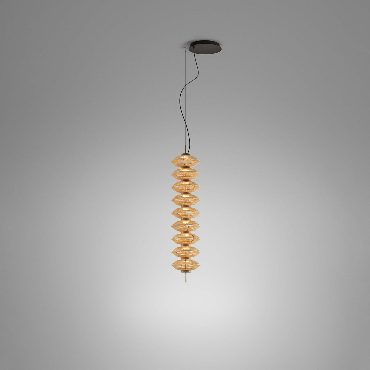 Yuyun S/9S pendant light with nine stacked, beige thread-wrapped tiers on a slim stem, integrated LED, shown on a black ceiling cable against a plain grey background.
