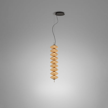 Yuyun S/9S pendant light with nine stacked, beige thread-wrapped tiers on a slim stem, integrated LED, shown on a black ceiling cable against a plain grey background.