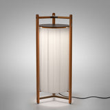 Kando P/111 Ribbon LED floor lamp with pleated white cylindrical shade in a brown wood three-legged frame and dark top disc, shown against a plain grey background.