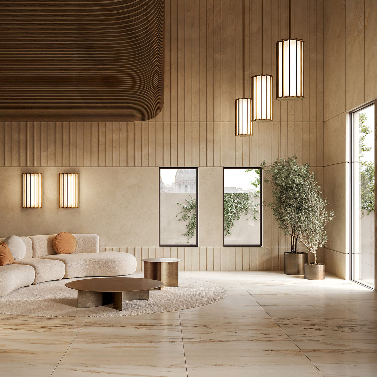 Roma Glass LED Pendant Light in Brushed Bronze, tall fluted cylinder design with glowing white panels, shown with matching wall lights in a living room with wood-panelled walls.