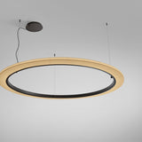 Roda S/200 Ribbon Ring LED pendant light, large circular design with pleated cream translucent shade and black inner ring, ceiling-mounted via cables, shown against a plain grey background.