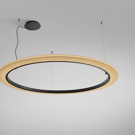 Roda S/200 Ribbon Ring LED pendant light, large circular design with pleated cream translucent shade and black inner ring, ceiling-mounted via cables, shown against a plain grey background.