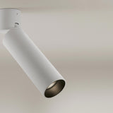 Lola Cylinder LED ceiling light in white, a slim adjustable tube on a round ceiling base with black interior lens, shown against a plain light background.