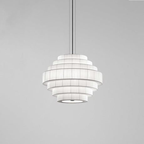 Mos 02 Ribbon Tiered Pendant Light with seven stepped pleated tiers in white translucent ribbon shade, iron structure, round canopy, shown on a plain grey background.
