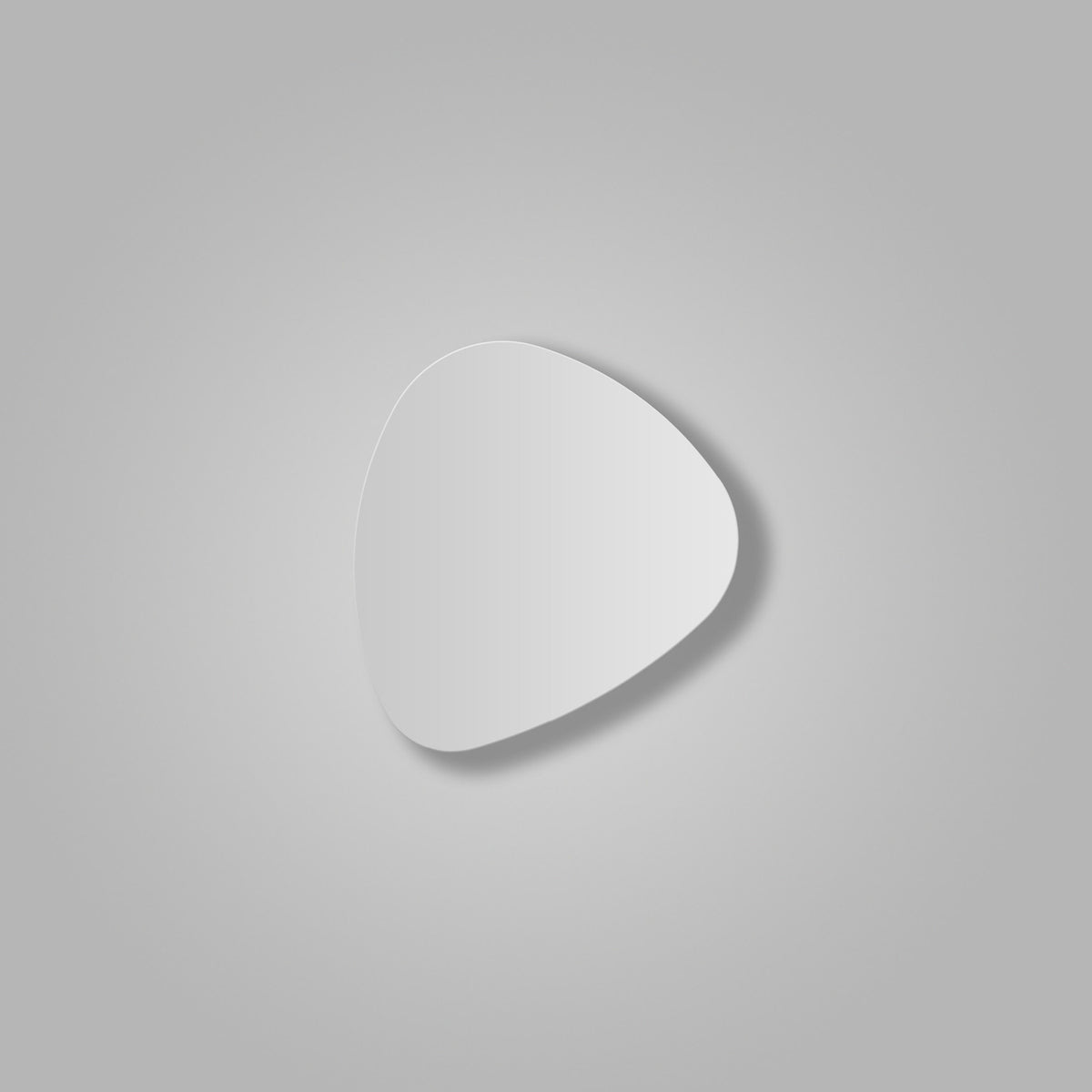Tria 02 Wood LED Wall Light in a flat, pebble-shaped design with white satin lacquer finish, casting a soft shadow on a plain grey background.