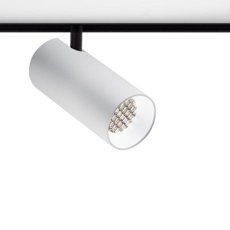 Street 8 Aluminium LED track spotlight in white, with a slim cylindrical head on a short black stem mounted to a black track, shown on a plain white background.