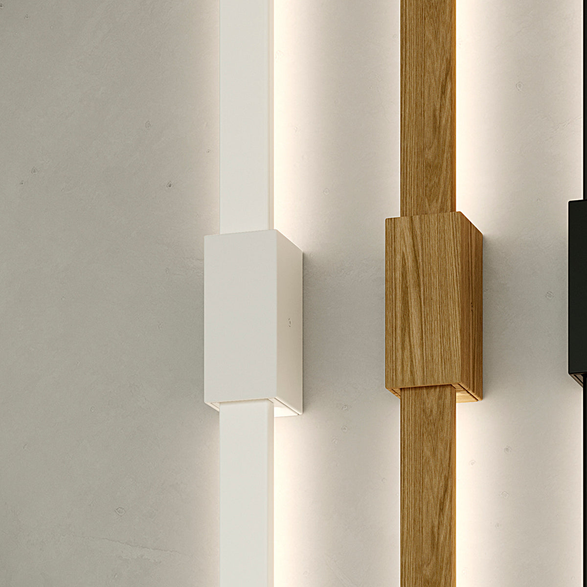 Bow Wall 300 lighting accessory in Wood Effect finish, slim vertical LED strip with square wood-toned fixing box, shown beside a white-finish version against a plain wall.