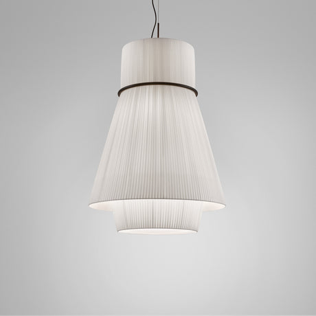 Folie S/70.2 tiered pendant light with white pleated ribbon shade, cylindrical top and flared cone tiers joined by a black ring, shown on a plain grey background.
