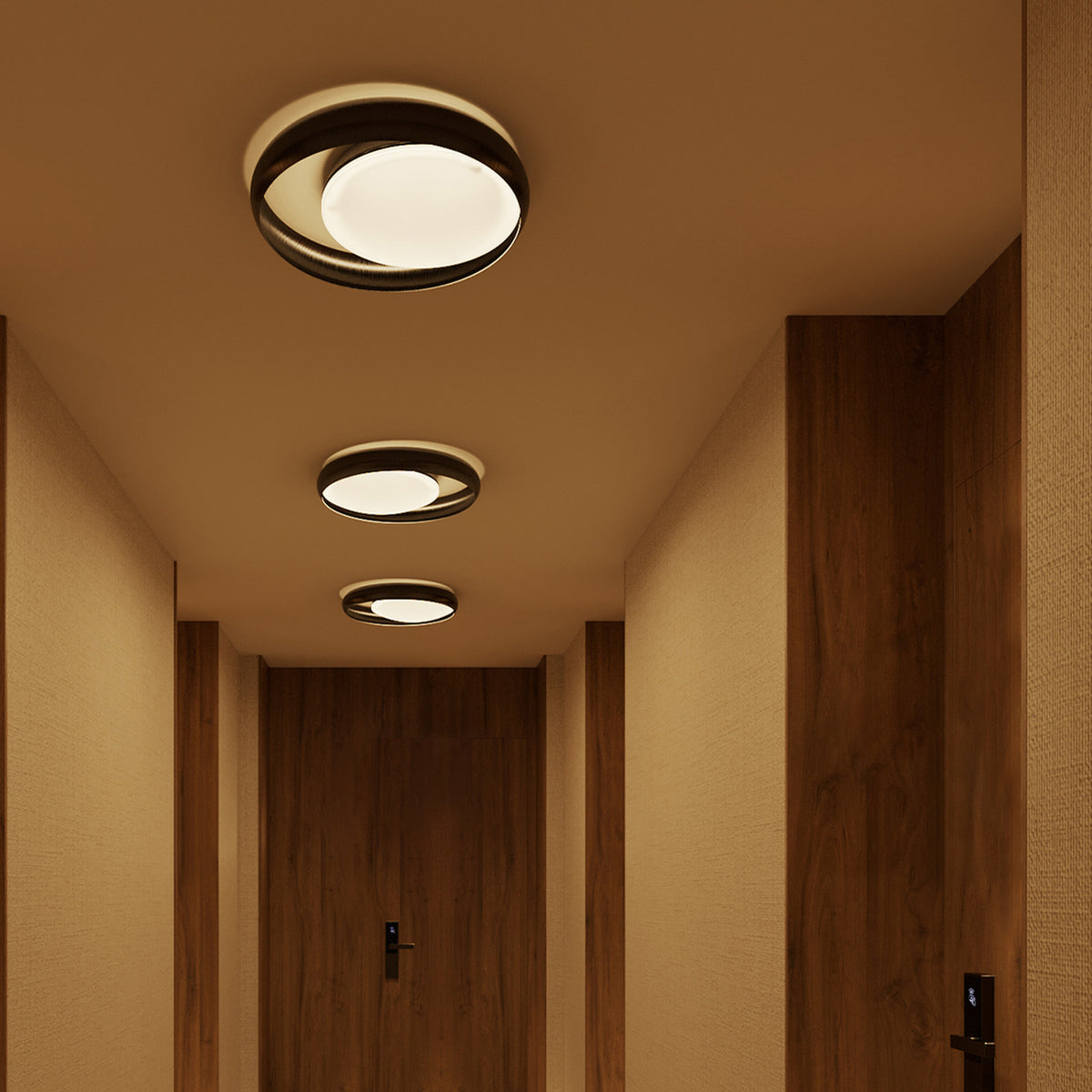 Ring C45 Glass Ring Ceiling Light in black finish, flush-mount design with offset ring frame and glowing round disc, shown in three sizes along a wood-panelled hallway.