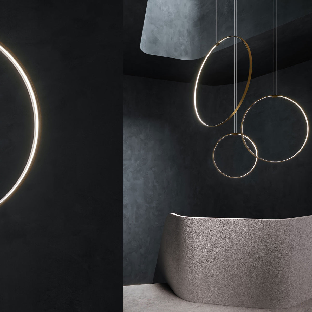 Zero Round Vertical Ring Pendant Light in brass finish, shown in varying sizes suspended in a dark interior with a textured grey bench below.