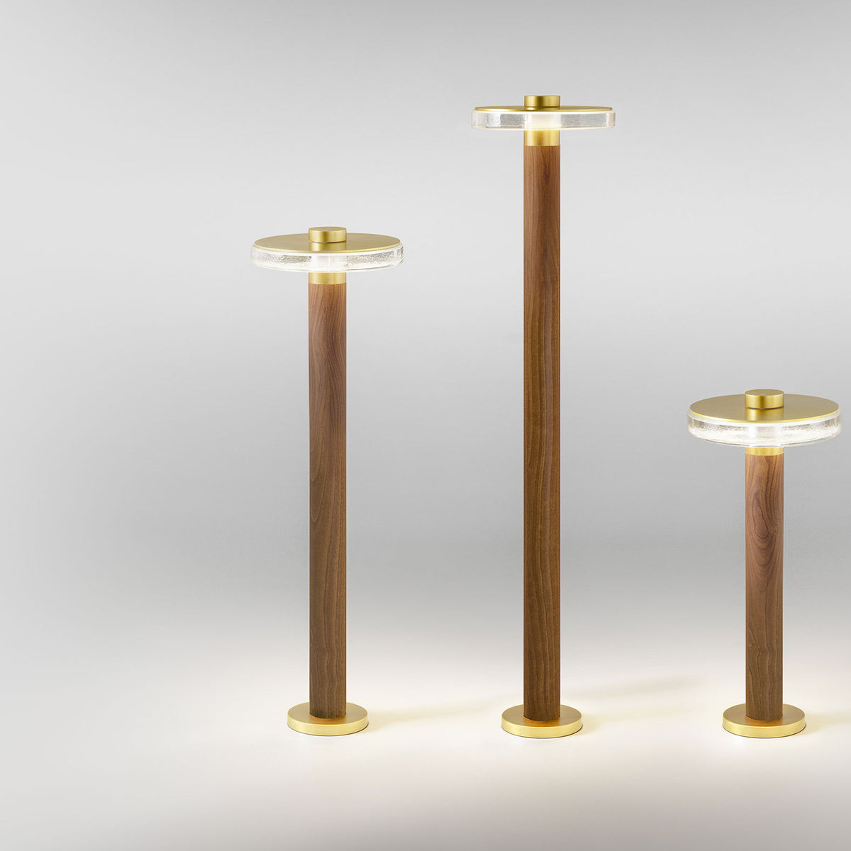 Venexia Glass LED Outdoor Floor Lamps in three heights, each with a slim wood column, round matt brass base and cap, and a clear glass disc head, shown lit on a plain light grey background.