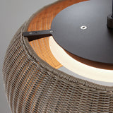 Close-up of the Perris S/47 Globe LED Outdoor Pendant Light showing a brown woven globe shade with matte black canopy, mounting bracket and integrated LED diffuser.