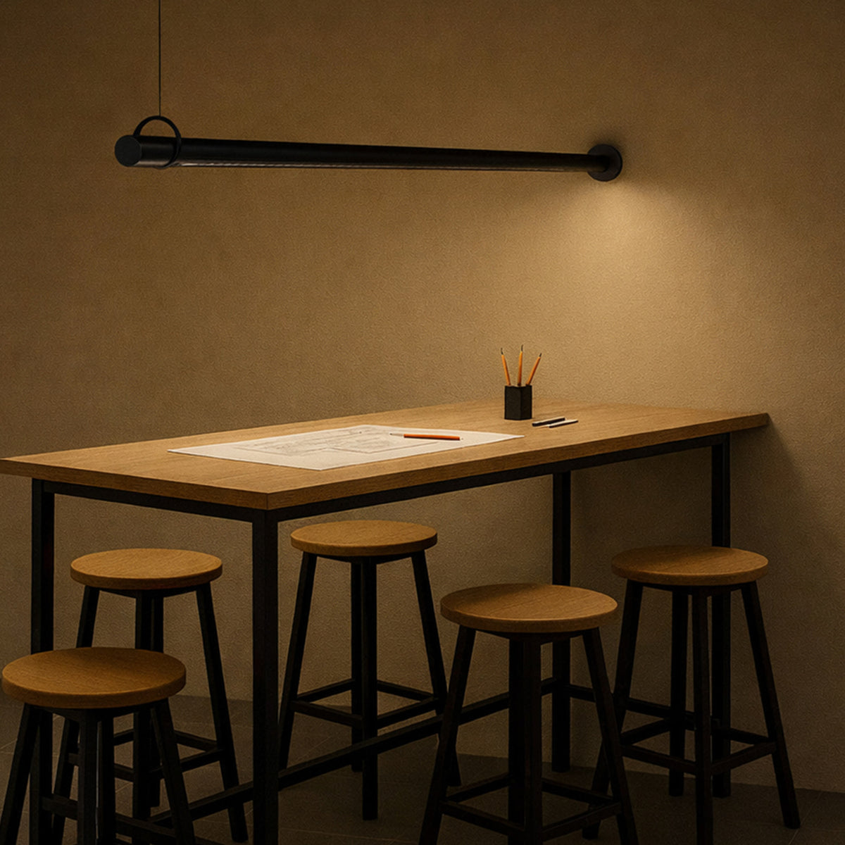Solid WS 220 Tube LED wall light in matte black, a slim horizontal bar suspended by a cable loop above a wooden dining table, casting warm ambient light in a dining setting.