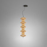 Yuyun S/9C pendant light with nine stacked woven cotton shades in satin beige, hung from a black ceiling rose on a slim cord against a plain grey background.