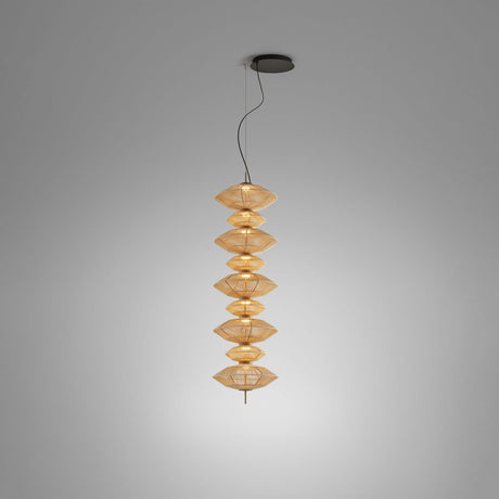 Yuyun S/9C pendant light with nine stacked woven cotton shades in satin beige, hung from a black ceiling rose on a slim cord against a plain grey background.