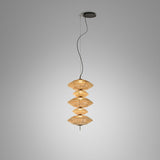 Yuyun S/5C LED pendant light with five stacked woven fabric shades in satin beige cotton thread, aluminium and steel frame, on a long cable against a plain grey background.