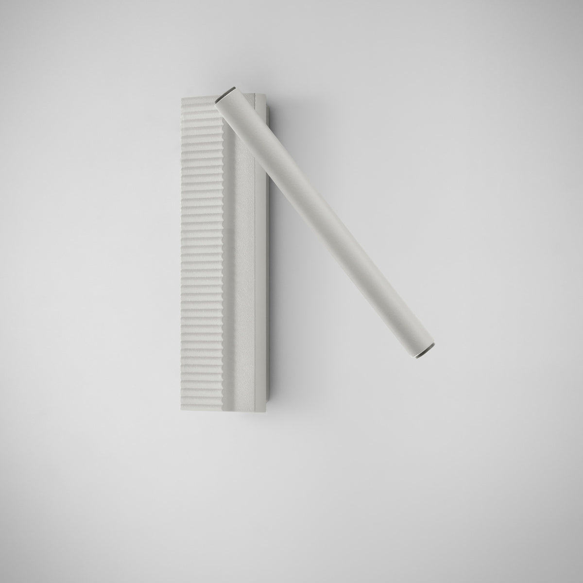 Arid A/03 aluminium LED wall light in Textured White, ribbed vertical back plate with a slim diagonal tube, integrated LED, shown on a plain white background.