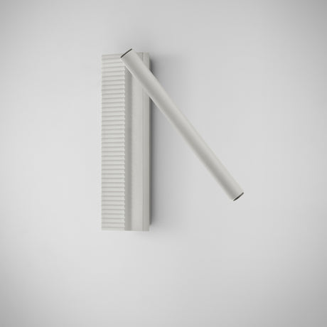 Arid A/03 aluminium LED wall light in Textured White, ribbed vertical back plate with a slim diagonal tube, integrated LED, shown on a plain white background.