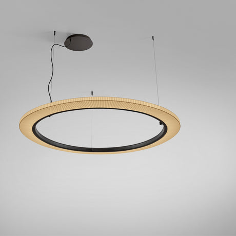 Roda S/150 Ribbon Ring LED pendant light with a large circular cream translucent ribbon shade and black inner ring, suspended on fine wires with a dark ceiling canopy, on a plain grey background.
