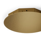 Radial 100W ceiling canopy in brushed brass, a round flat disc 39.5cm wide with built-in driver atop a slim octagonal mount, shown against a plain white background.