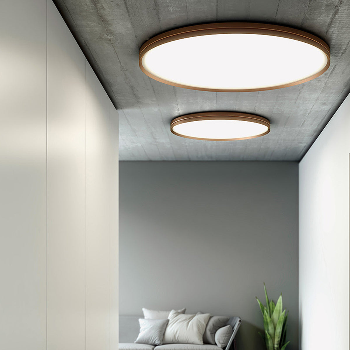 Lite Hole C 60 round LED ceiling lights in gold-trimmed white finish, shown in two sizes illuminating a hallway with concrete ceiling above a grey lounge area.