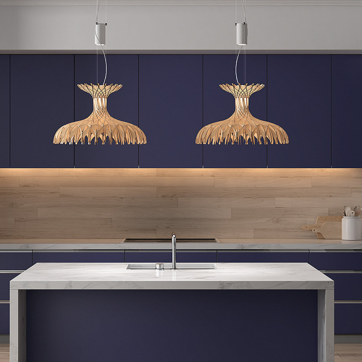 Dome 60/02 Wood LED Pendant Light - Matt White & Natural Wood