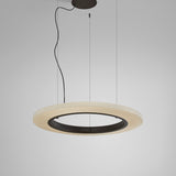 Roda S/90 Ribbon Ring LED pendant light with a cream pleated ribbon shade and dark inner ring, suspended on thin cables against a plain light grey background.