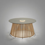 Nit/80/R Woven Rechargeable Outdoor Table Lamp in ivory and beige, round tabletop with central integrated LED light ring on a woven cord drum base, shown on a plain grey background.