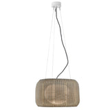Fora S Drum LED Outdoor Pendant Light in Light Beige, a woven drum shade suspended on three fine wires from a white ceiling canopy, shown against a plain white background.