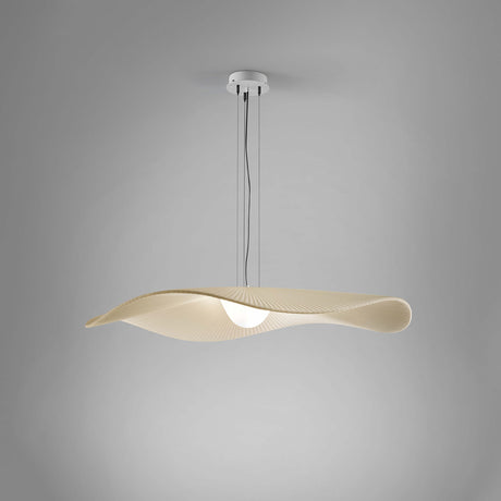 Mediterrània S/105 Ribbon LED pendant light with a wide, pleated cream translucent shade curving in a soft wave, suspended from a white ceiling canopy against a plain grey background.