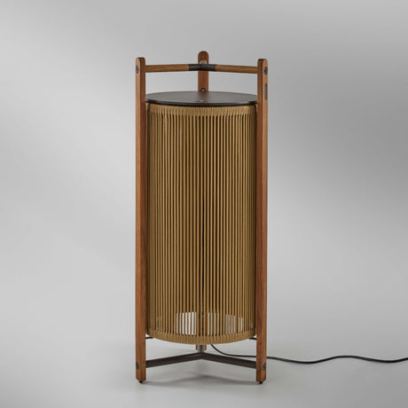 Kando P/111 outdoor floor lamp with teak wood frame and sand nautical cord cylindrical shade, integrated LED, dark top disc, shown on a plain light background.