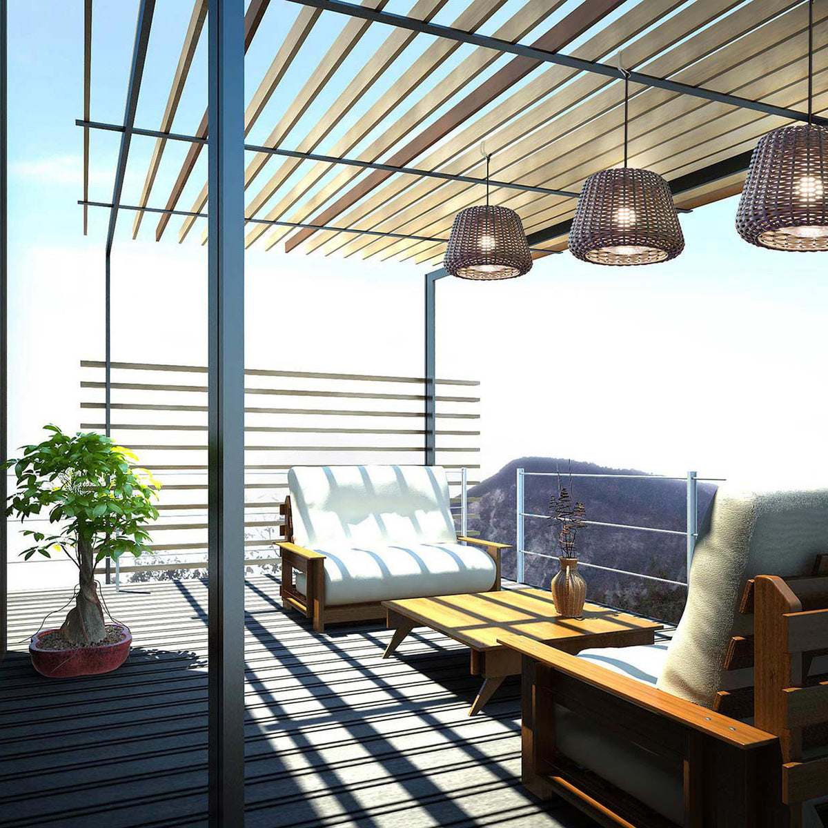 Ralph Woven Plug-in Outdoor Pendant Light, 35cm metallic brown basketwork shade, shown with matching pendants over a pergola-covered outdoor seating area.