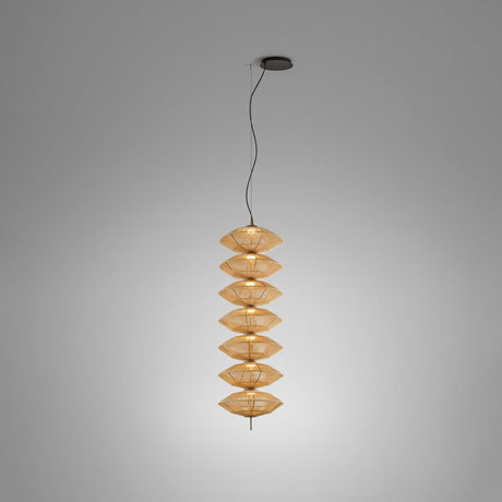 Yuyun S/7L fabric LED pendant light with seven stacked woven cotton tiers on a slim metal stem, satin beige finish, shown lit against a plain grey background.