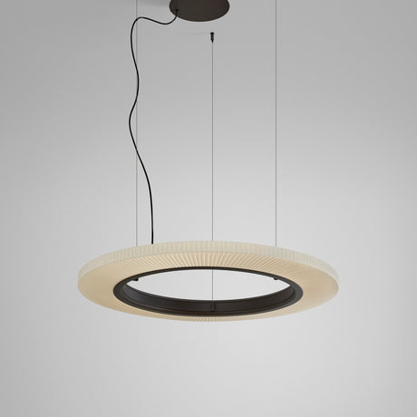 Roda S/90 Ribbon Ring LED pendant light with a wide white pleated ring and dark inner frame, suspended on fine wires from a round ceiling canopy against a plain grey background.