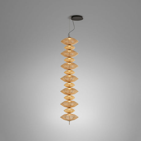 Yuyun S/13C Fabric LED Pendant Light in Satin Beige, a tall column of thirteen stacked woven fabric tiers on a single cable, shown against a plain grey background.
