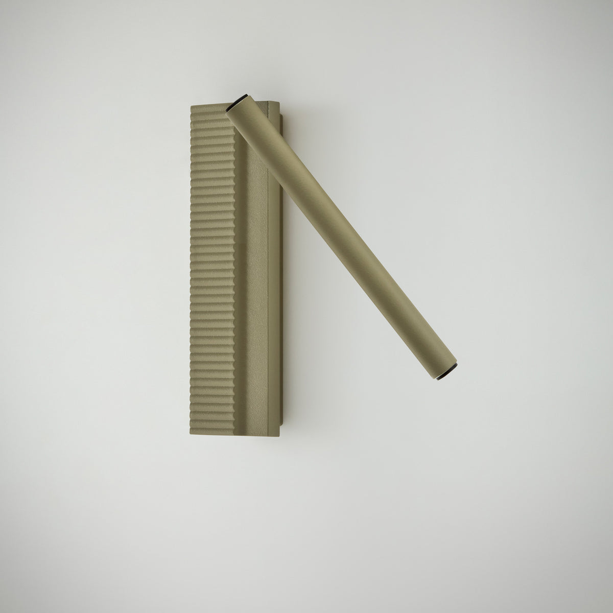 Arid A/03 LED wall light in textured olive grey aluminium, with a fluted upright plate and a slim angled tube, shown on a plain white background.