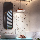 Valentina S/24 LED pendant light with a wavy, tiered aluminium shade in terracotta and white, shown suspended above a bathroom vanity.
