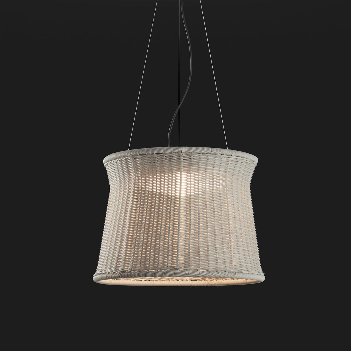 Syra 60 Aluminium LED Outdoor Pendant Light with a woven drum shade in ivory white, flared shape, hung on three fine wires against a plain dark background.