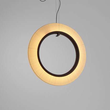 Roda S/90/V ring pendant light with pleated white translucent ribbon shade around a dark inner ring, integrated warm white LED, on a plain grey background.