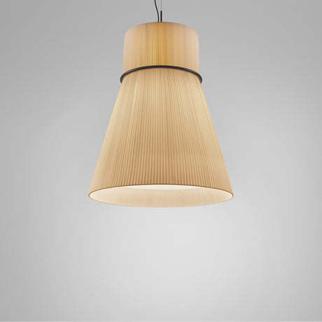 Folie S/70 Ribbon Cone pendant light with a cream pleated fabric shade, cylinder-over-cone shape and black ring join, shown on a plain grey background.