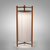Kando P/111/R rechargeable floor lamp with pleated white ribbon cylinder shade, dark top disc, and wooden tripod frame on a plain light background.