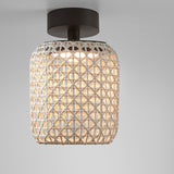 Nans PF/21 outdoor ceiling light with a round beige woven lattice shade on a short stem beneath a graphite brown canopy, integrated LED, shown against a plain light grey background.
