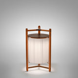Kando P/76/R rechargeable LED floor lamp with pleated white ribbon shade inside an open wood-framed tripod base and round top disc, shown on a plain light background.