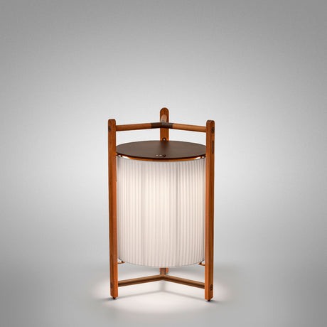 Kando P/76/R rechargeable LED floor lamp with pleated white ribbon shade inside an open wood-framed tripod base and round top disc, shown on a plain light background.