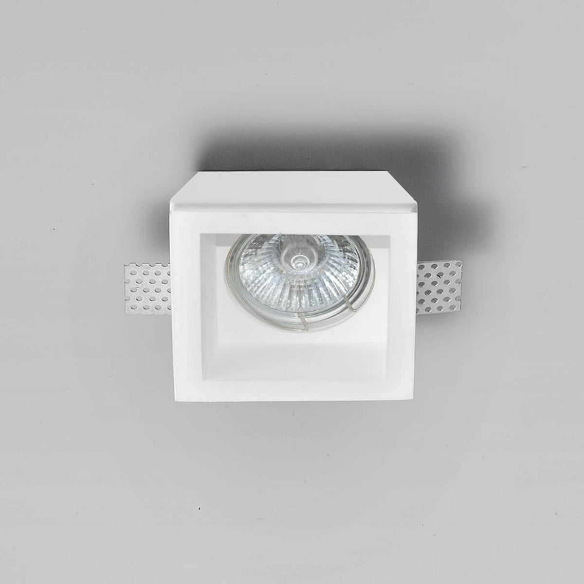 East Square Recessed Downlight 6cm in white plaster, square-shaped fitting with a GU10 bulb visible inside, shown against a plain light grey background.