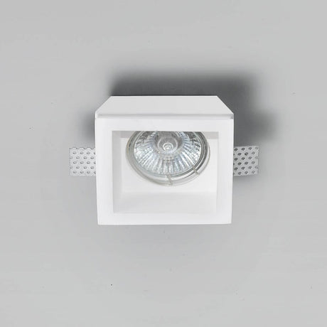 East Square Recessed Downlight 6cm in white plaster, square-shaped fitting with a GU10 bulb visible inside, shown against a plain light grey background.