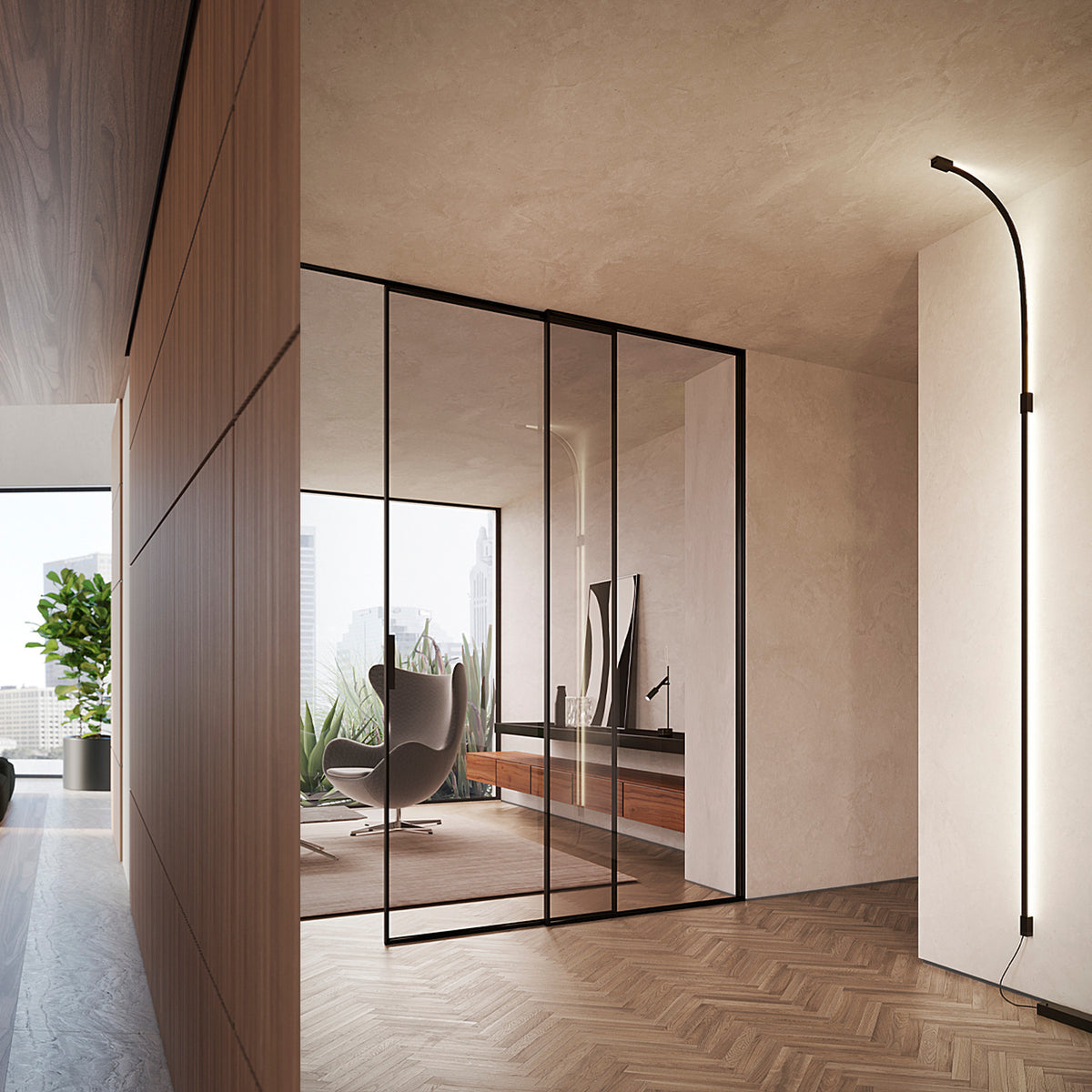 Bow Wall 300 matt black lighting accessory shown curving down a wall in a hallway, slim 305cm LED profile with three square fixing boxes, beside glass sliding doors and herringbone flooring.