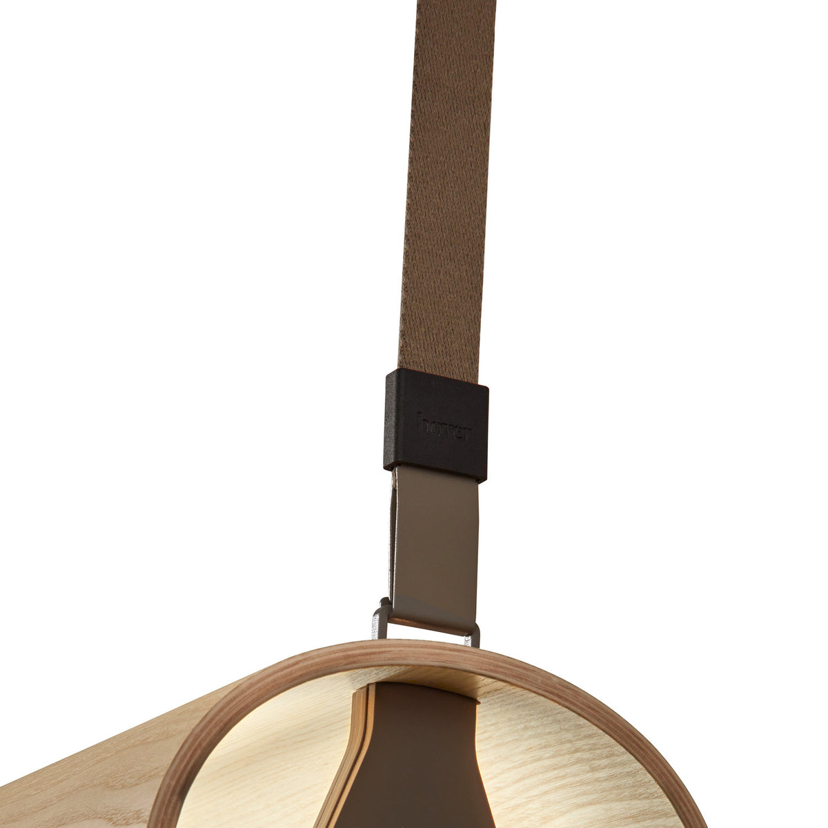 Close-up of the Aluet S/100 wood LED pendant light showing its beige cotton strap, dark bracket, and ash wood half-round shade with integrated warm LED.