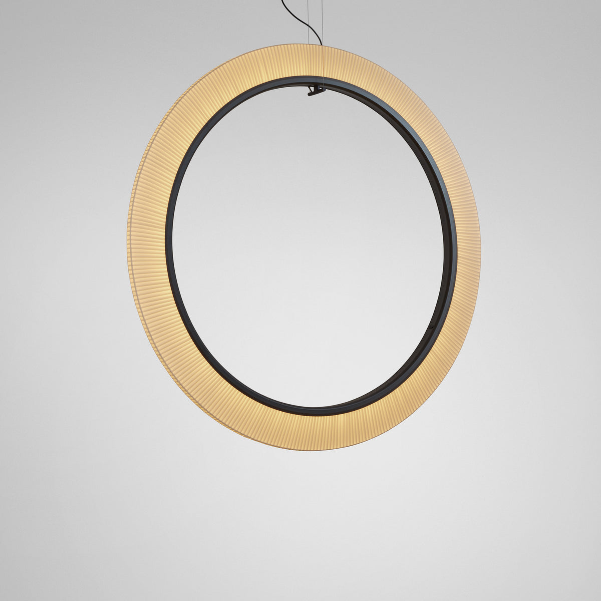 Roda S/150/V Ribbon Ring LED pendant light, a large circular fixture with white translucent ribbon edge and dark inner ring, suspended on fine wires against a plain light grey background.