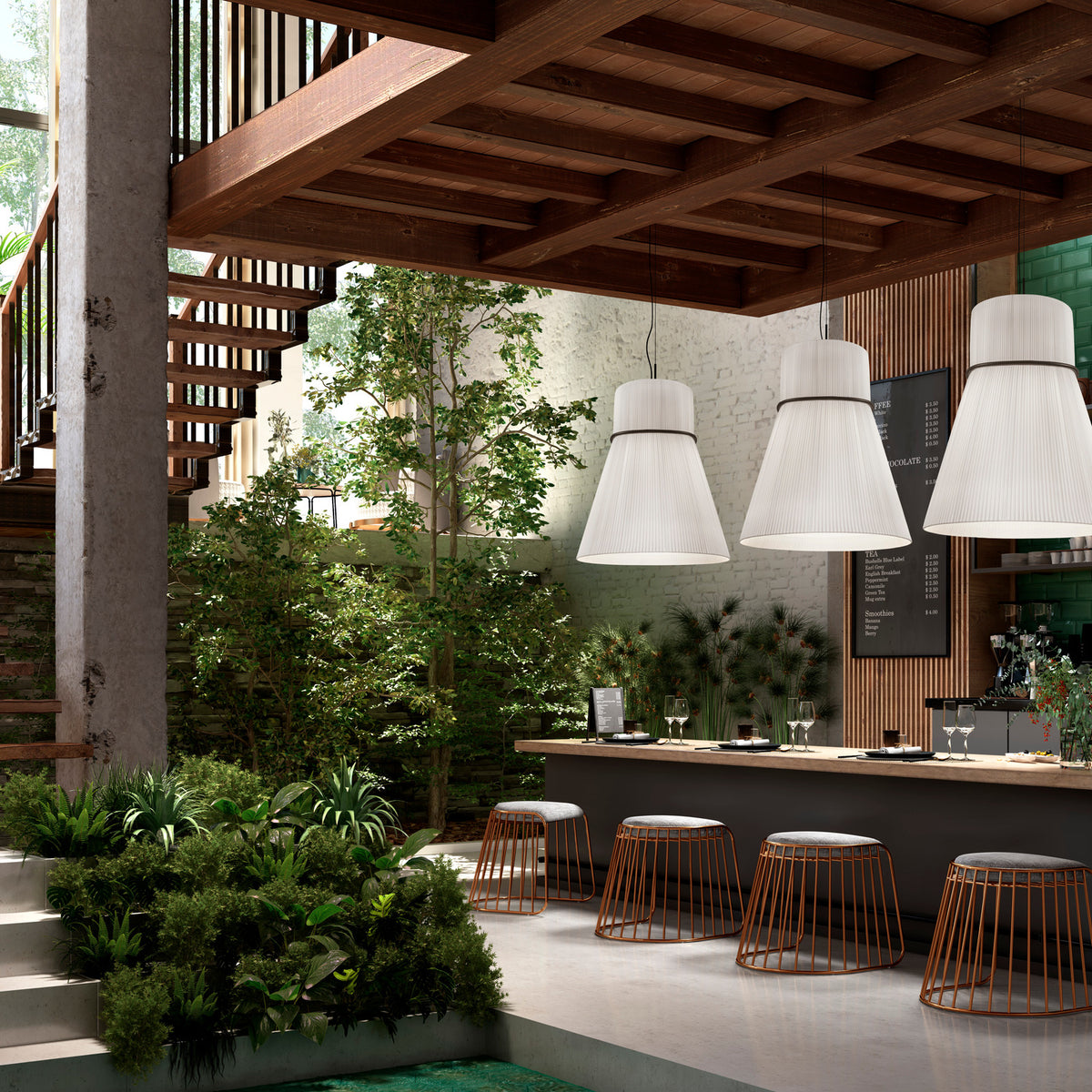 Folie S/70 Ribbon Cone pendant lights in white pleated fabric with black trim, three hung above a bar counter in a plant-filled, wood-beamed interior.